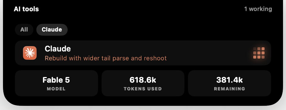 The AI tools card showing Claude mid-task with model and token stats