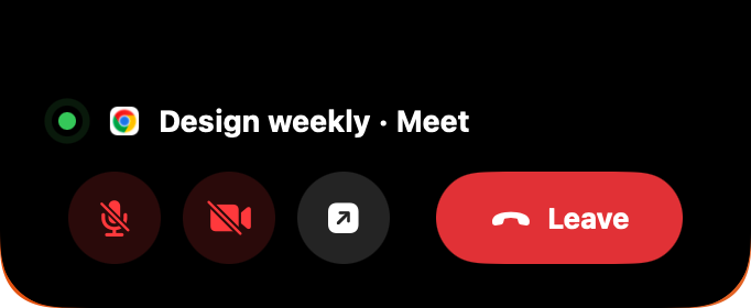 The island open during a call, with mute, camera and leave buttons under the meeting name