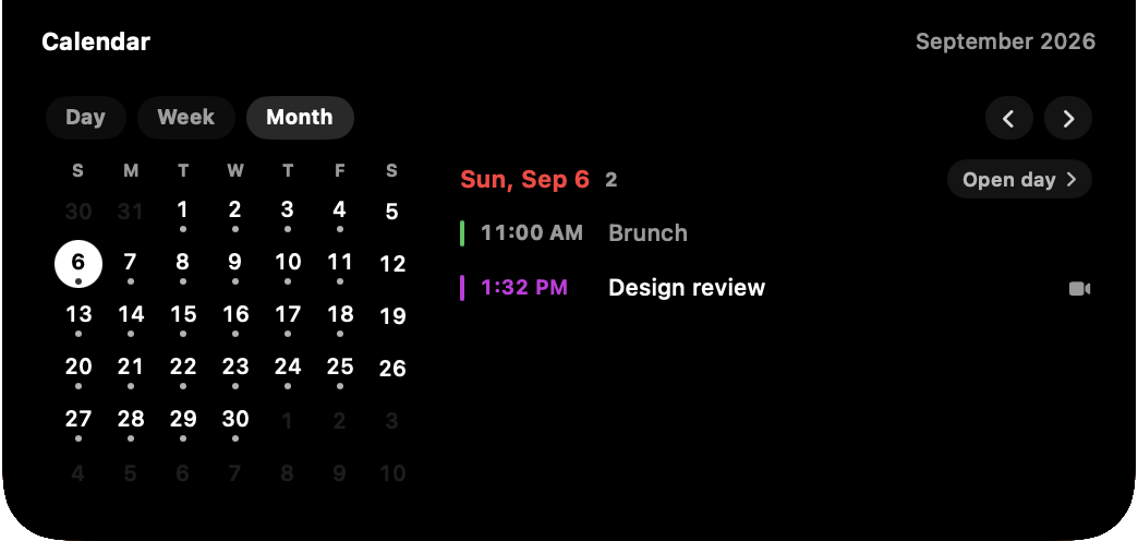 The calendar card in Month view: a compact month grid on the left, the selected day’s two events listed on the right