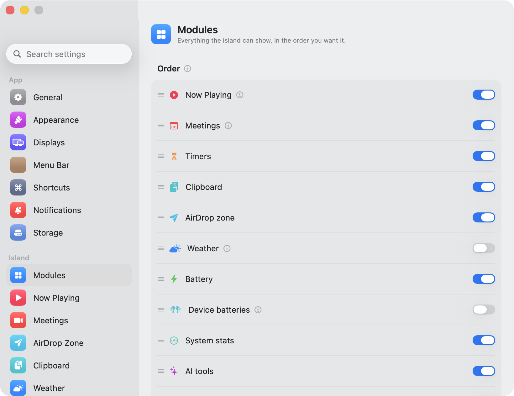 Settings, Modules: every module in a list with a drag handle and a switch