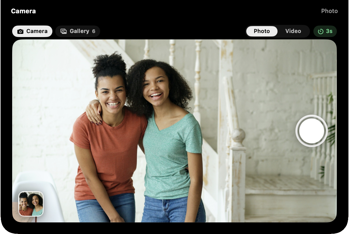 The Camera card: a wide live mirror with a shutter button on its right edge, the last photo in the corner, and Camera and Gallery tabs above