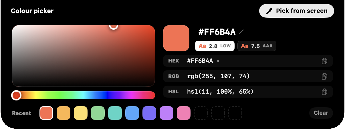The Colour picker card: a shade square and a hue strip, a coral swatch with its hex and contrast scores, HEX, RGB and HSL rows, and recent colours