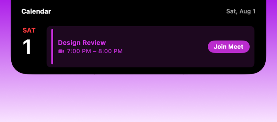 Calendar card with a one-click Join Meet button